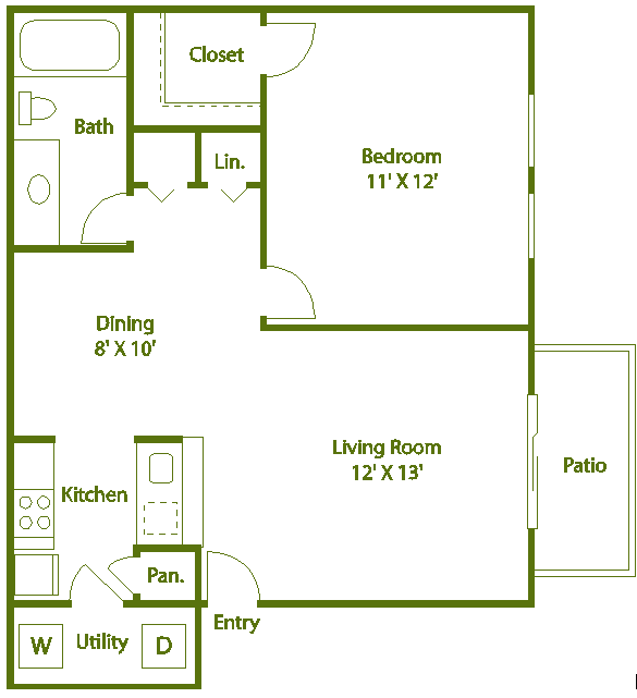 Floor plan for 1 bed, 1 bath, 631 sqft